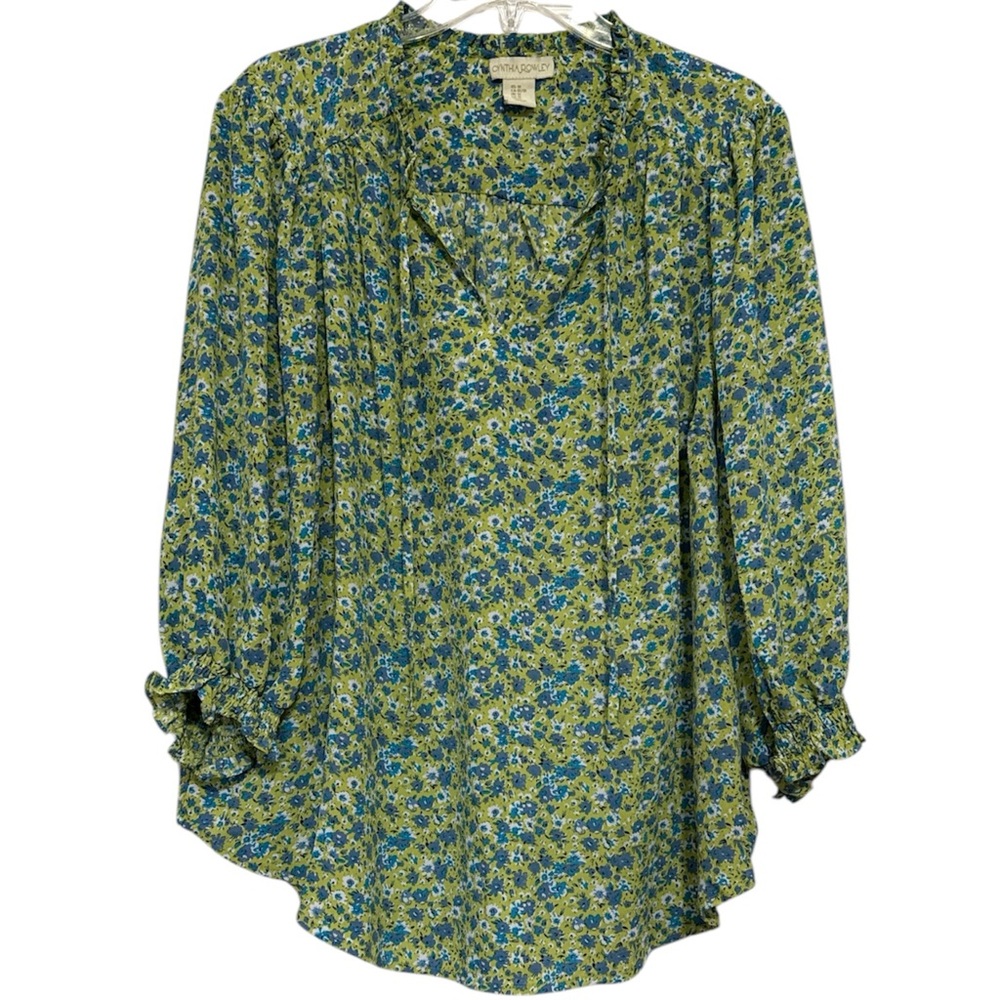Cynthia Rowley Green Blouse with Blue Floral 3/4 Sleeve Size 1X